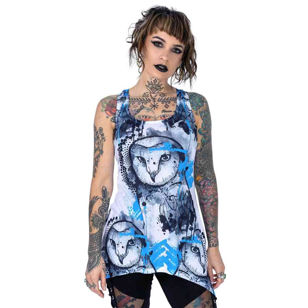 Innocent Lifestyle - WATERCOLOUR OWL Sleeveless top - White/Blue